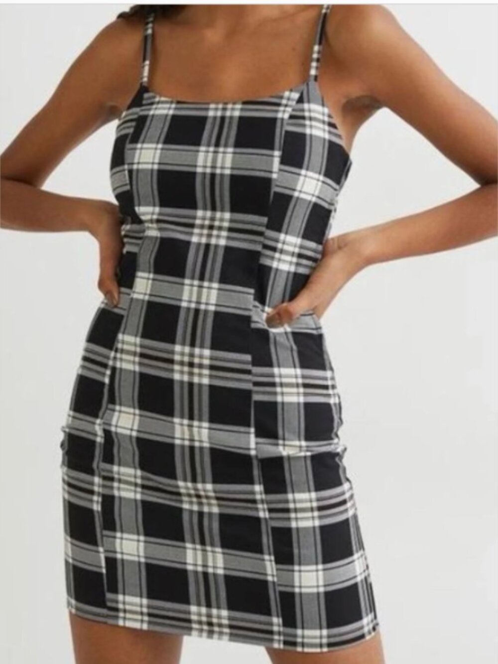 Divided H&M Women’s Size Medium Mini Bodycon Dress Black White Plaid Square Neck
